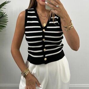 NWT! Black & White Stripe Sleeveless Knit Vest with Faux Pearl Button Closure